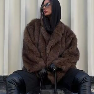 Brown Lapel Cropped Faux Fur Coat Women Fashion Long Sleeve Short Thickening Jac